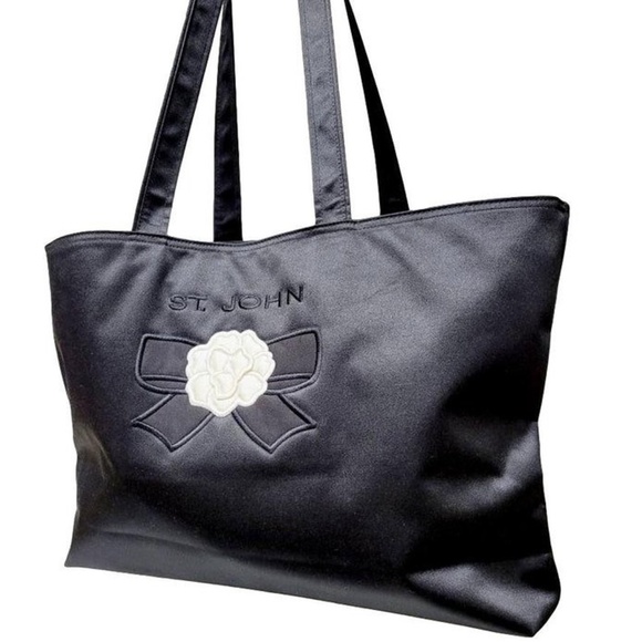 Vintage St John Black Satin Tote - White Flower Detail